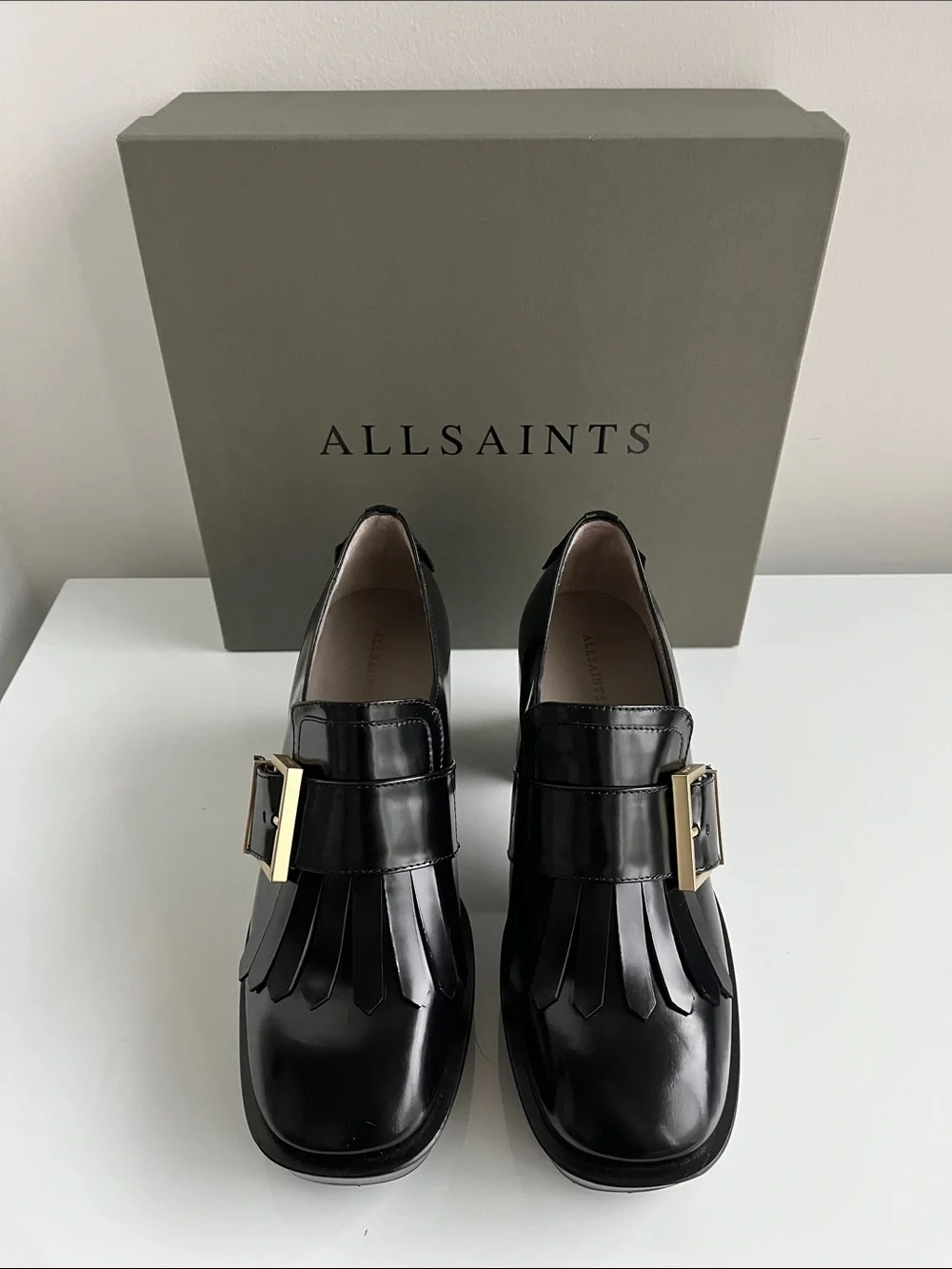 All Saints “ZIA” Black Leather Kiltie Loafers with Gold Buckle